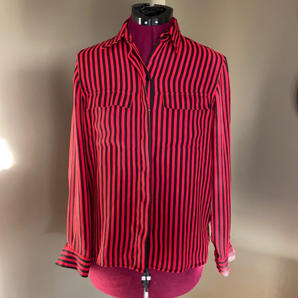 Vintage Alfred Dunner Black/Red Striped Blouse (Size 6P)